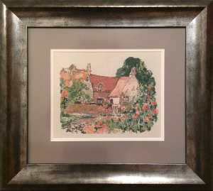 One of 3 cross stitch pictures done in the late 1980s, these were originally framed by the stitcher and reframed in 2017 to give them a freshed look. 