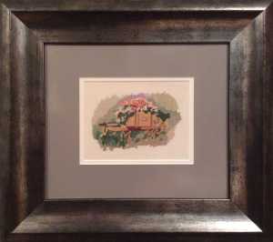 One of 3 cross stitch pictures done in the late 1980s, these were originally framed by the stitcher and reframed in 2017 to give them a freshed look. 